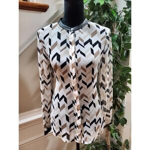 DKNY Womens White Polyester Long Sleeve Crew Neck Button Front Top Blouse Small